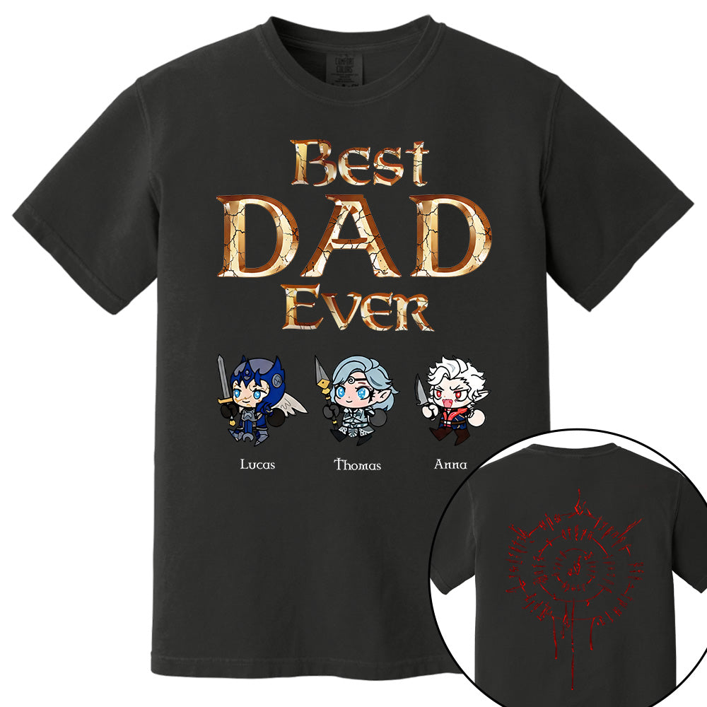 Personalized Best Dad Ever Gamer Shirt, Custom Kids Names RPG Fantasy Tee, Fathers Day Gift For Dad, Two Sided Magic Rune Papa Gift TH23