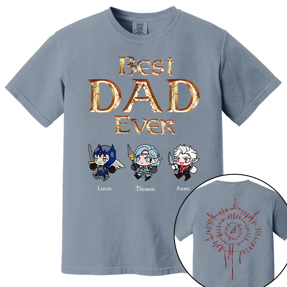 Personalized Best Dad Ever Gamer Shirt, Custom Kids Names RPG Fantasy Tee, Fathers Day Gift For Dad, Two Sided Magic Rune Papa Gift TH23