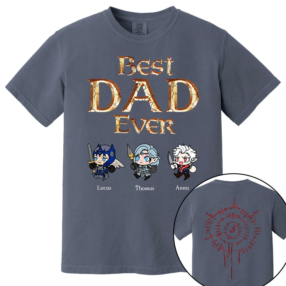 Personalized Best Dad Ever Gamer Shirt, Custom Kids Names RPG Fantasy Tee, Fathers Day Gift For Dad, Two Sided Magic Rune Papa Gift TH23