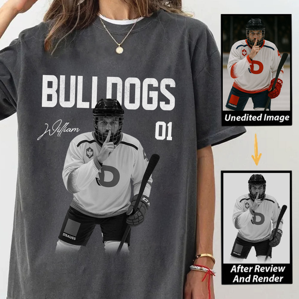 Custom Photo Ice Hockey Player And Team Name Shirt -Washed Tee Retro Bootleg Shirt For Ice Hockey Players NA02