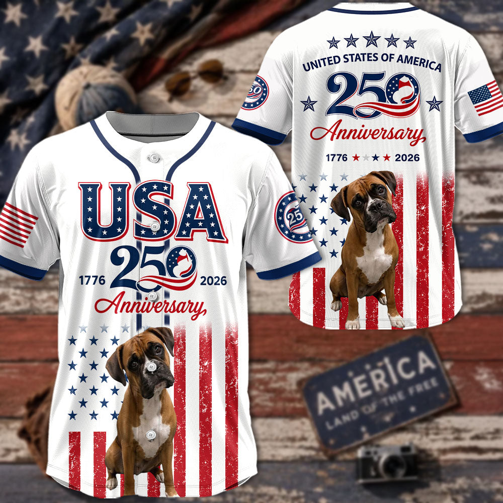 Custom Upload Photo Boxer USA 250th Anniversary Baseball Jersey 1776-2026 Patriotic Dog Lovers Shirt Pt99