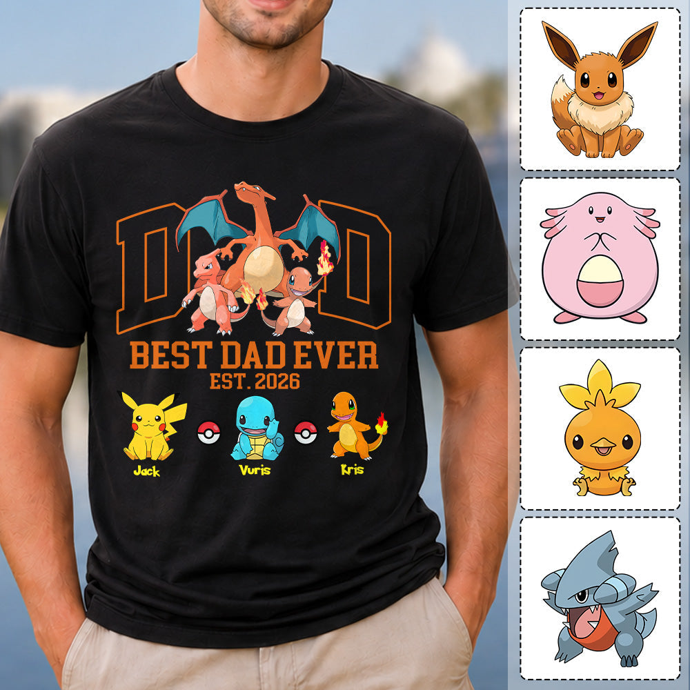 PokeDad Best Dad Ever, Personalized Pokemon Dad Shirt with Custom Kids Name, Gift For Dad, Gift For Grandpa MI209 T24