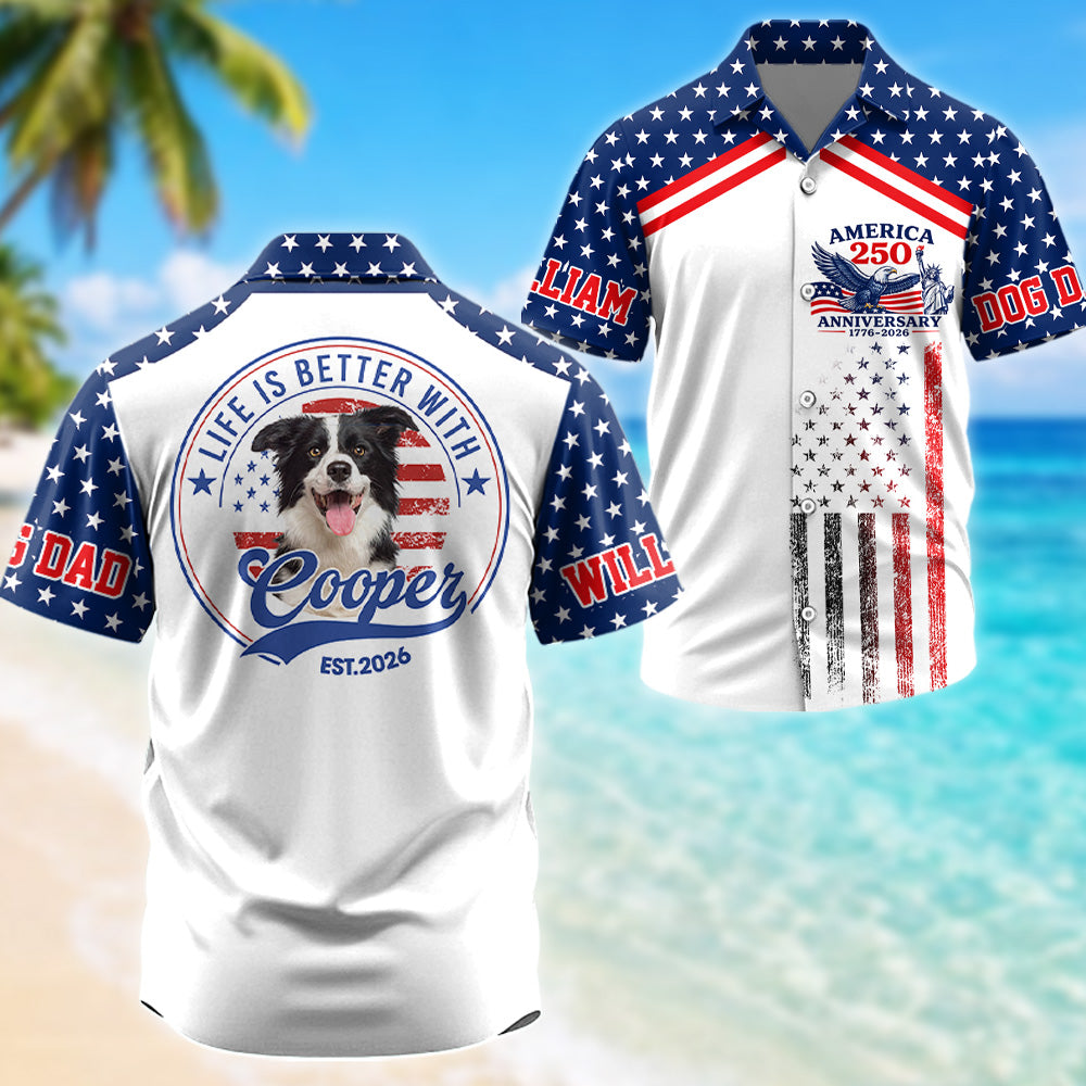 This Human Belongs To, Custom Photo Dog Short Sleeve Silk Shirt, Celebrate America 250th Anniversary Shirt, Gift For Dog Lover T1807 T24