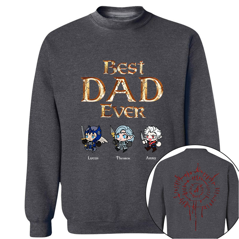 Personalized Best Dad Ever Gamer Shirt, Custom Kids Names RPG Fantasy Tee, Fathers Day Gift For Dad, Two Sided Magic Rune Papa Gift TH23