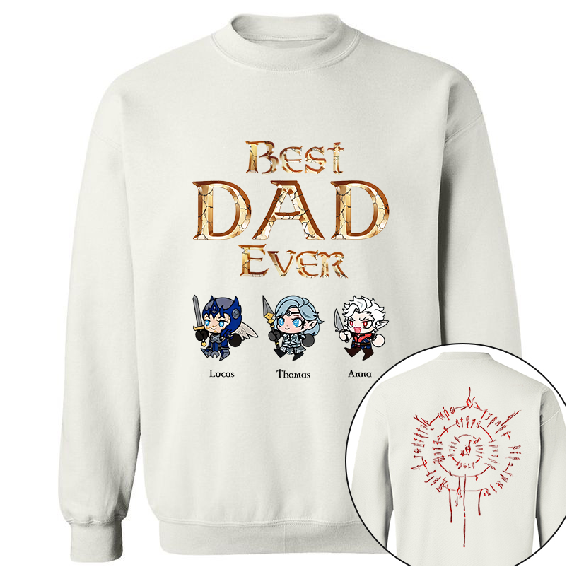Personalized Best Dad Ever Gamer Shirt, Custom Kids Names RPG Fantasy Tee, Fathers Day Gift For Dad, Two Sided Magic Rune Papa Gift TH23