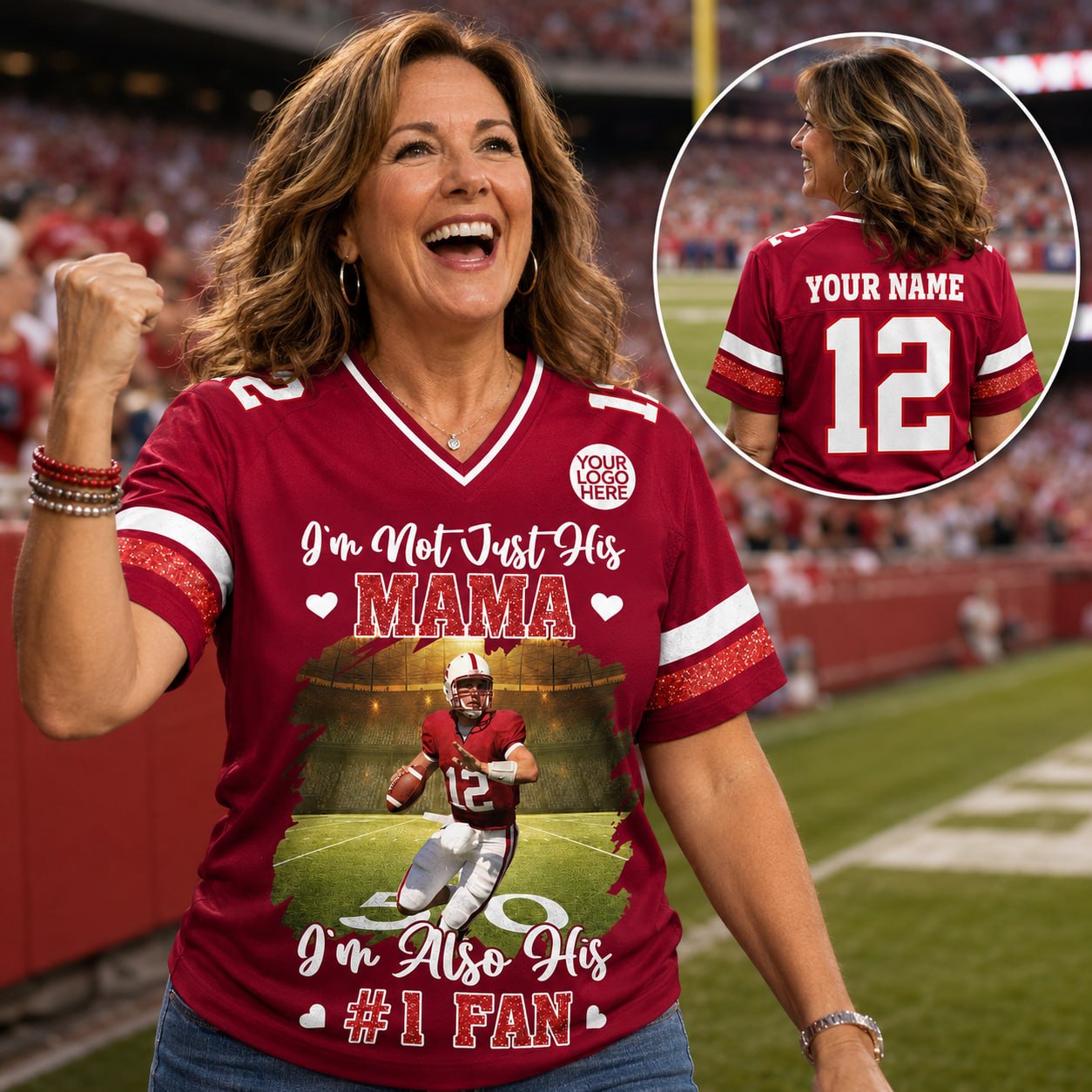 I’m Not Just His Mom I’m Also His #1 Fan, Personalized Football Mom Jersey, Custom Player Photo & Number, Gift for Football Mom Na02
