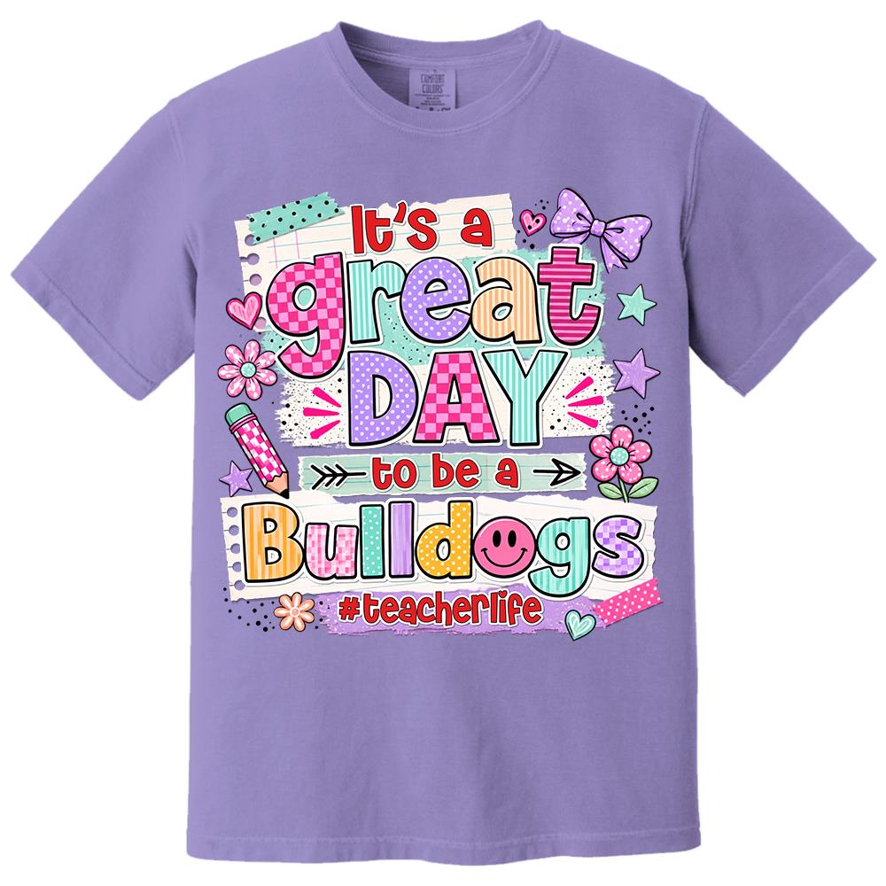 Striped Neon It's A Great Day To Be A Bulldog Personalized School Mascot Retro Stripe Shirt For Teacher Hv01