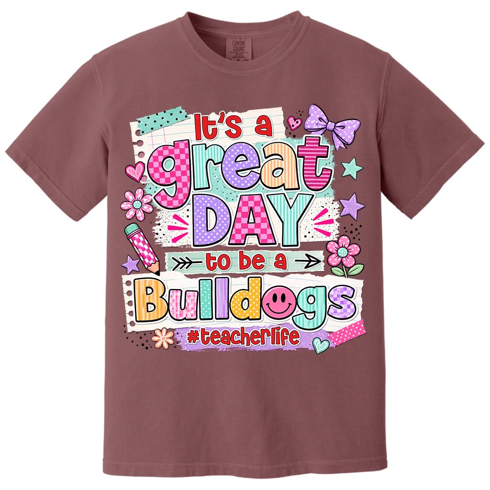 Striped Neon It's A Great Day To Be A Bulldog Personalized School Mascot Retro Stripe Shirt For Teacher Hv01