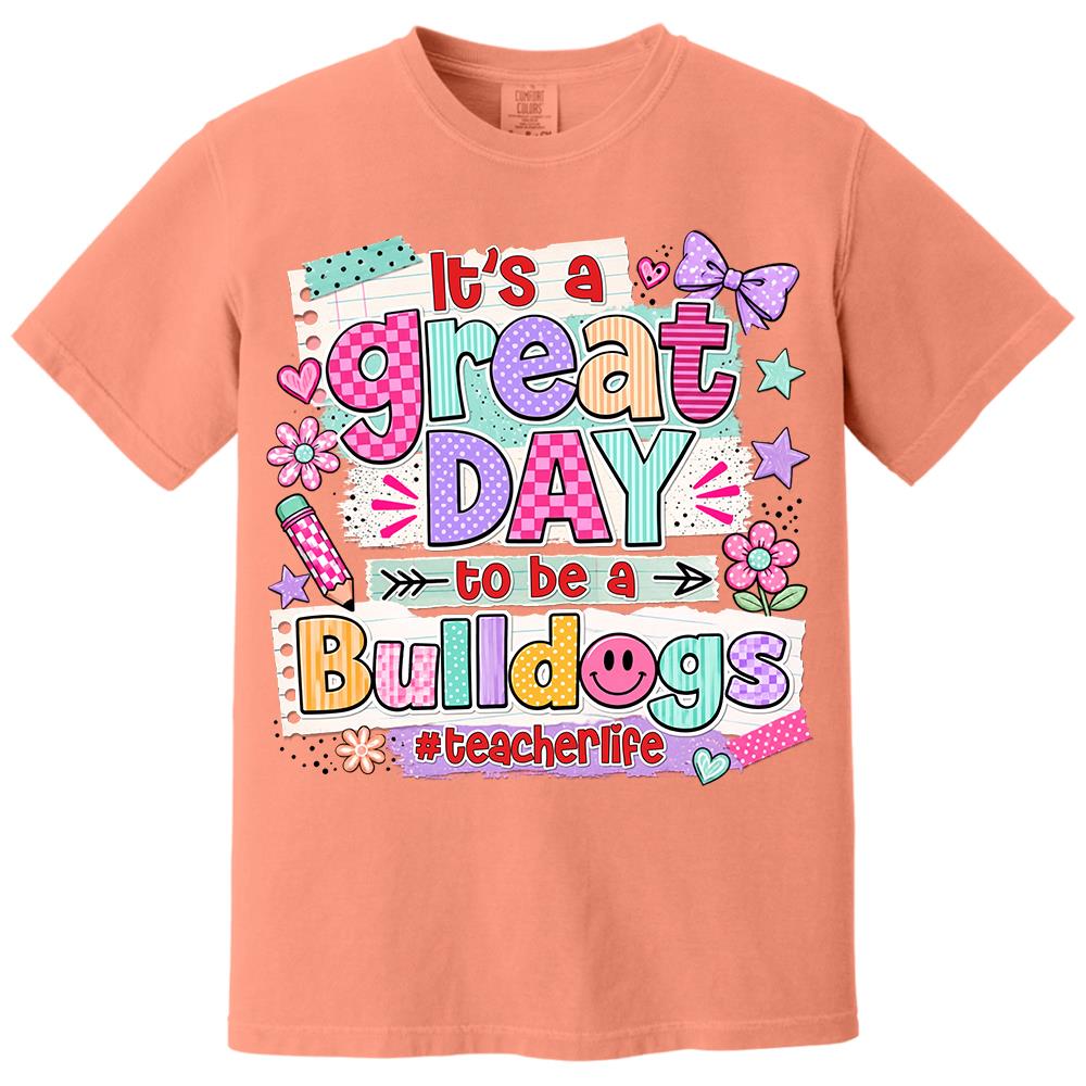 Striped Neon It's A Great Day To Be A Bulldog Personalized School Mascot Retro Stripe Shirt For Teacher Hv01