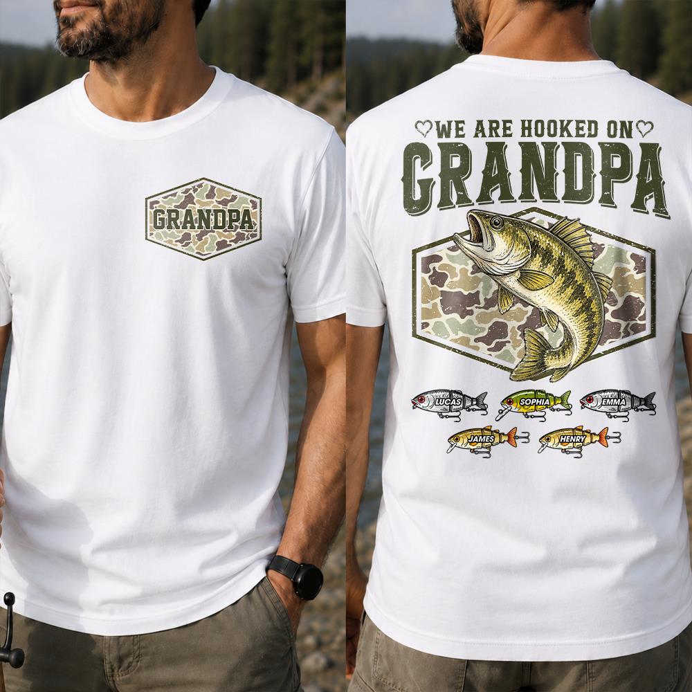 We Are Hooked On Grandpa Personalized Vintage Retro Fishing Shirt, Custom Fishing Gift for Dad, Father's Day Tee Na02 Hv01