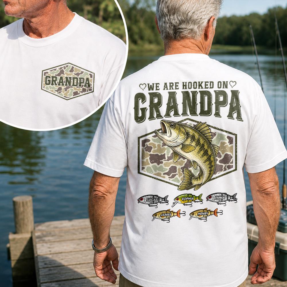 We Are Hooked On Grandpa Personalized Vintage Retro Fishing Shirt, Custom Fishing Gift for Dad, Father's Day Tee Na02 Hv01