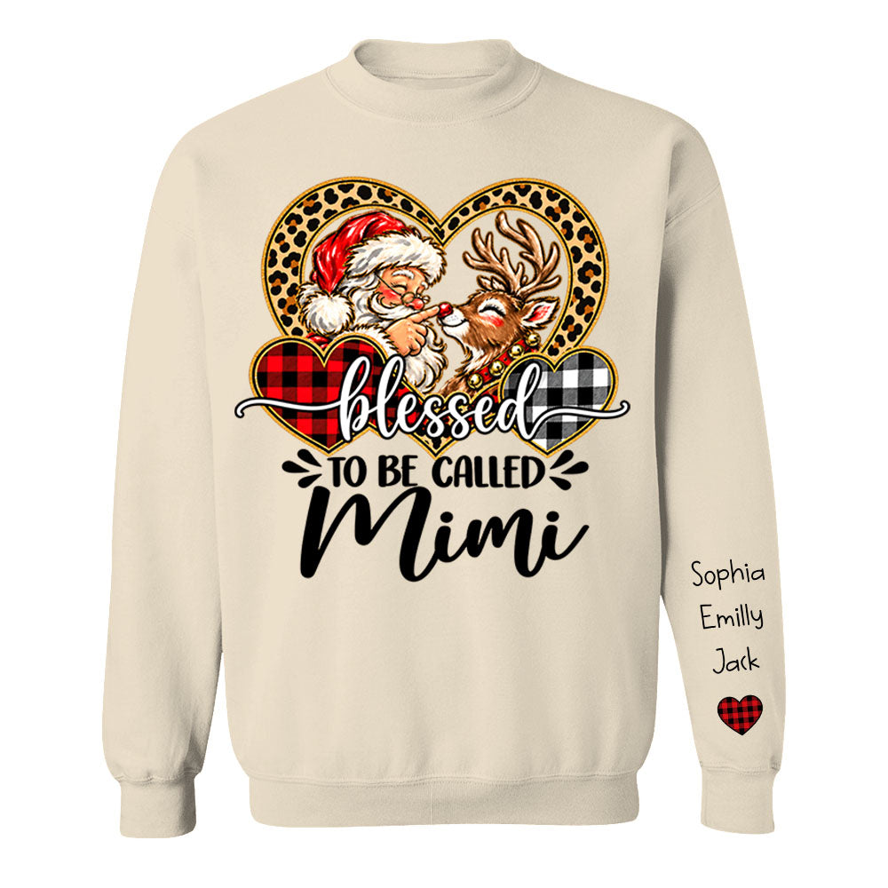 Personalized Blessed To Be Called Mimi Christmas Sweater, Custom Grandchildren Names on Sleeve Pullover, Leopard Buffalo Plaid Heart Grandma Gift C2408 Li29 TL06