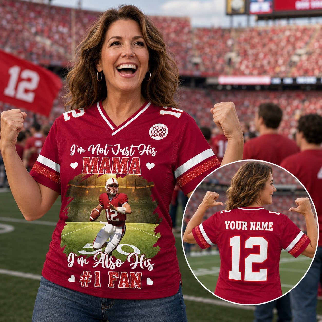 I’m Not Just His Mom I’m Also His #1 Fan, Personalized Football Mom Jersey, Custom Player Photo & Number, Gift for Football Mom Na02