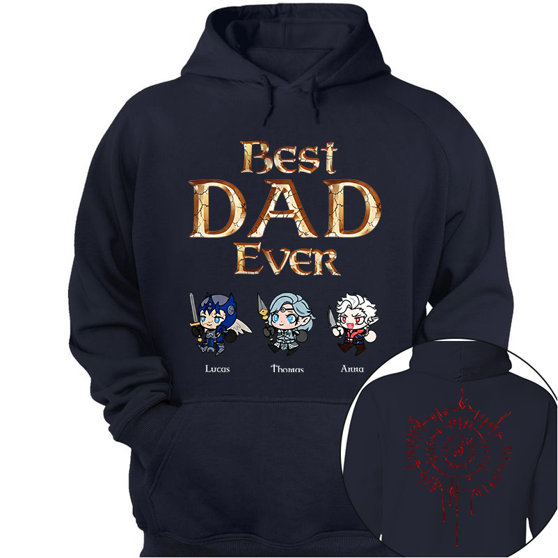 Personalized Best Dad Ever Gamer Shirt, Custom Kids Names RPG Fantasy Tee, Fathers Day Gift For Dad, Two Sided Magic Rune Papa Gift TH23