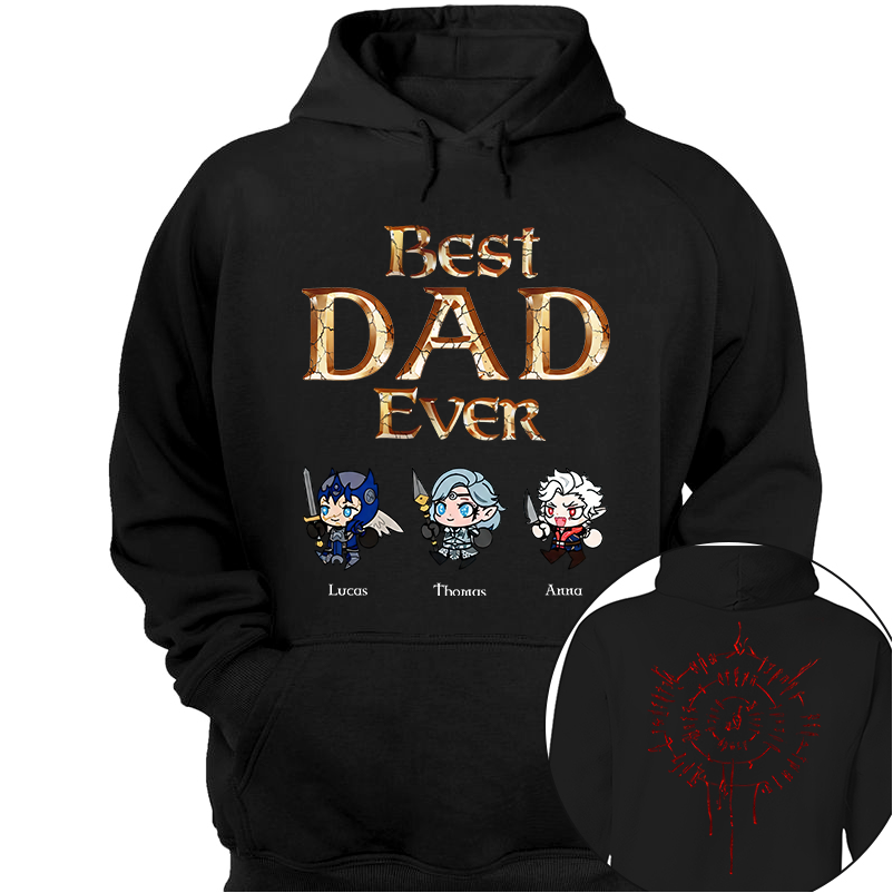 Personalized Best Dad Ever Gamer Shirt, Custom Kids Names RPG Fantasy Tee, Fathers Day Gift For Dad, Two Sided Magic Rune Papa Gift TH23