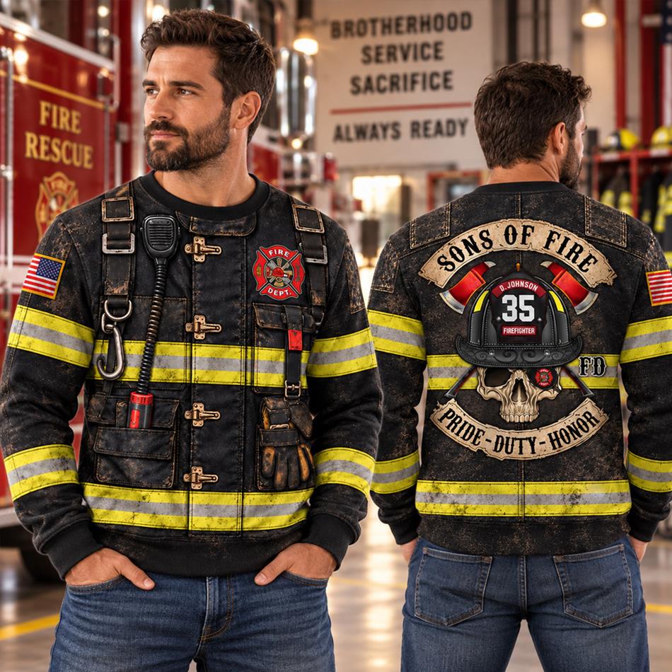 Personalized Sons Of Fire Pride Duty Honor Christmas Ugly Sweatshirt All Over Print Shirt, Custom Name Gift for Firefighters H2511 Trna