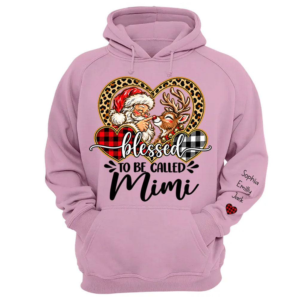 Personalized Blessed To Be Called Mimi Christmas Sweater, Custom Grandchildren Names on Sleeve Pullover, Leopard Buffalo Plaid Heart Grandma Gift C2408 Li29 TL06