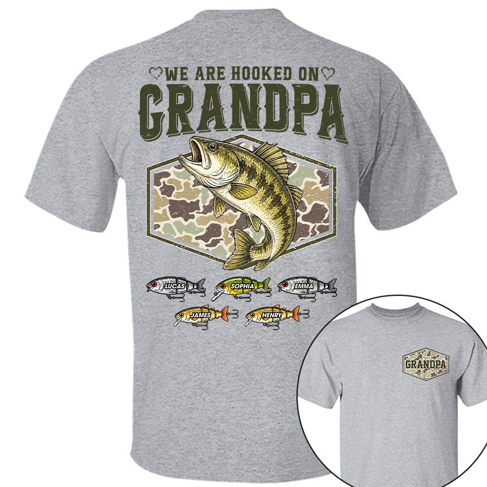 We Are Hooked On Grandpa Personalized Vintage Retro Fishing Shirt, Custom Fishing Gift for Dad, Father's Day Tee Na02 Hv01