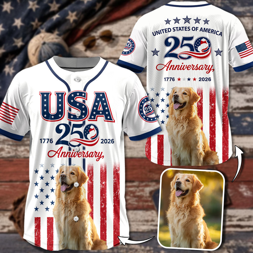 Custom Upload Photo Golden Retriever USA 250th Anniversary Baseball Jersey 1776-2026 Patriotic Dog Lovers Shirt Pt99