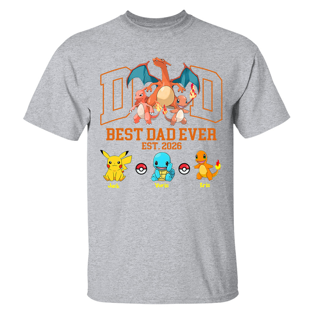 PokeDad Best Dad Ever, Personalized Pokemon Dad Shirt with Custom Kids Name, Gift For Dad, Gift For Grandpa MI209 T24