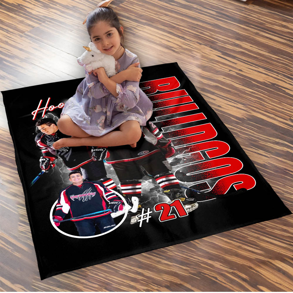 Custom Photo Ice Hockey Player Blanket - Personalized Team Name School Name Bootleg Blanket A2110 Pt99