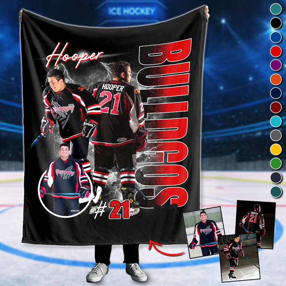 Custom Photo Ice Hockey Player Blanket - Personalized Team Name School Name Bootleg Blanket A2110 Pt99