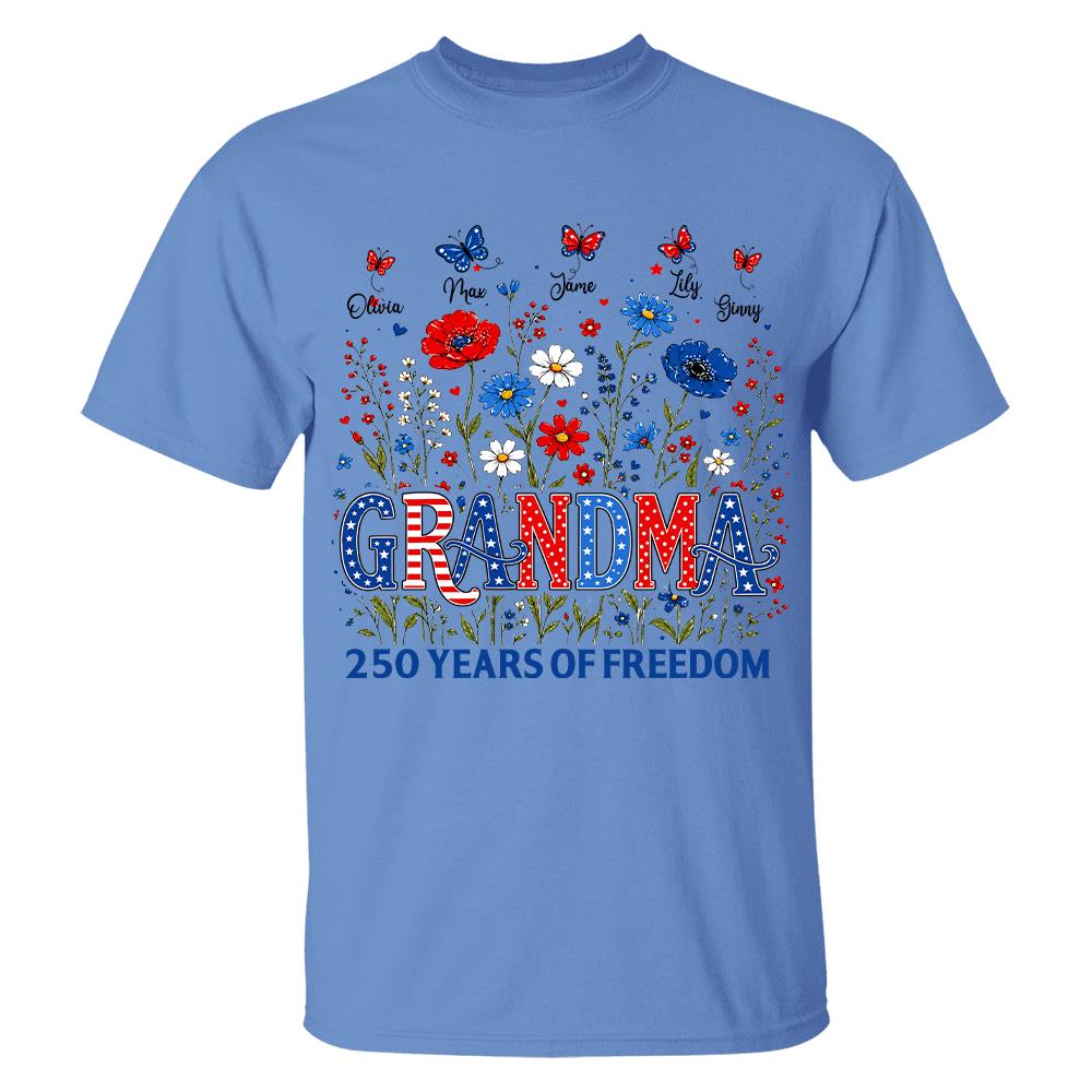 Personalized Grandma Shirt USA 250th Anniversary, Boho Floral Patriotic Tee, Custom Names Gift For Grandma Na02 Hv01