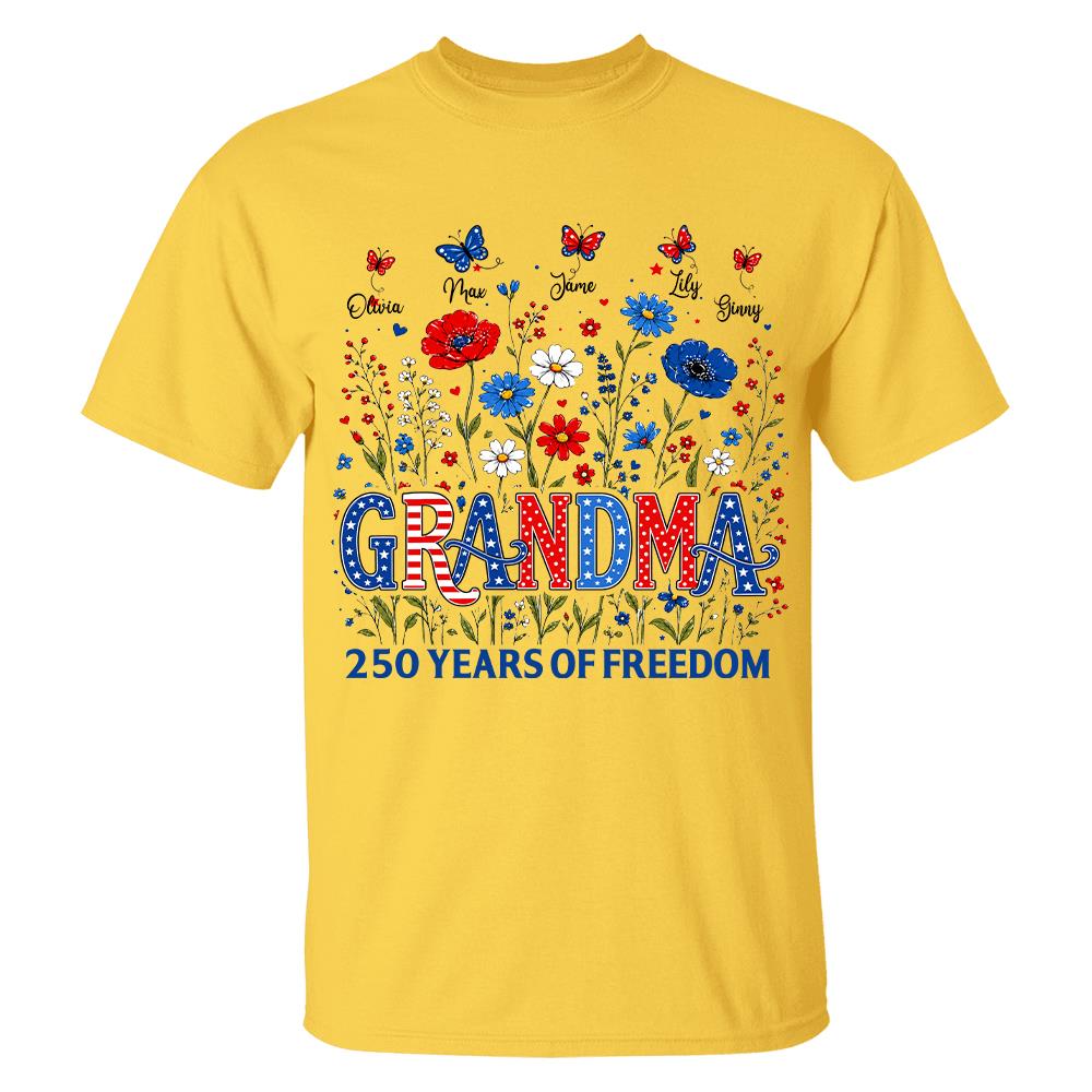 Personalized Grandma Shirt USA 250th Anniversary, Boho Floral Patriotic Tee, Custom Names Gift For Grandma Na02 Hv01