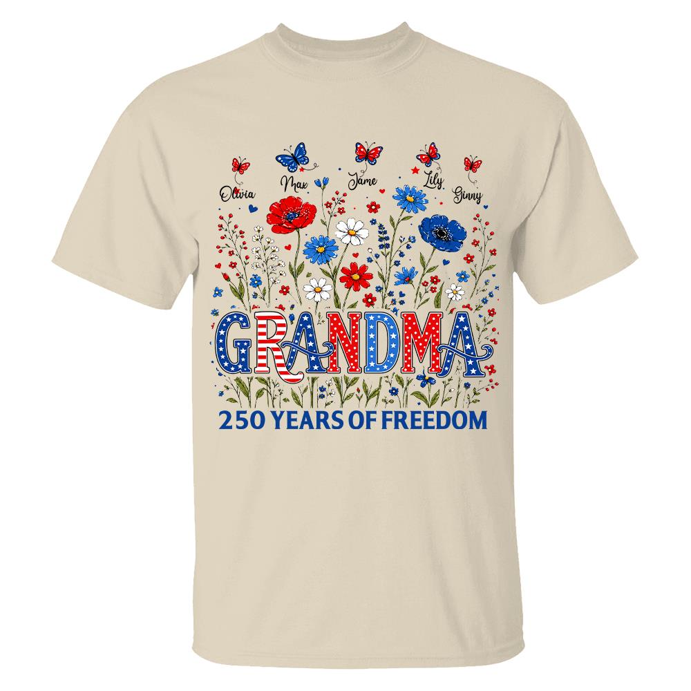 Personalized Grandma Shirt USA 250th Anniversary, Boho Floral Patriotic Tee, Custom Names Gift For Grandma Na02 Hv01