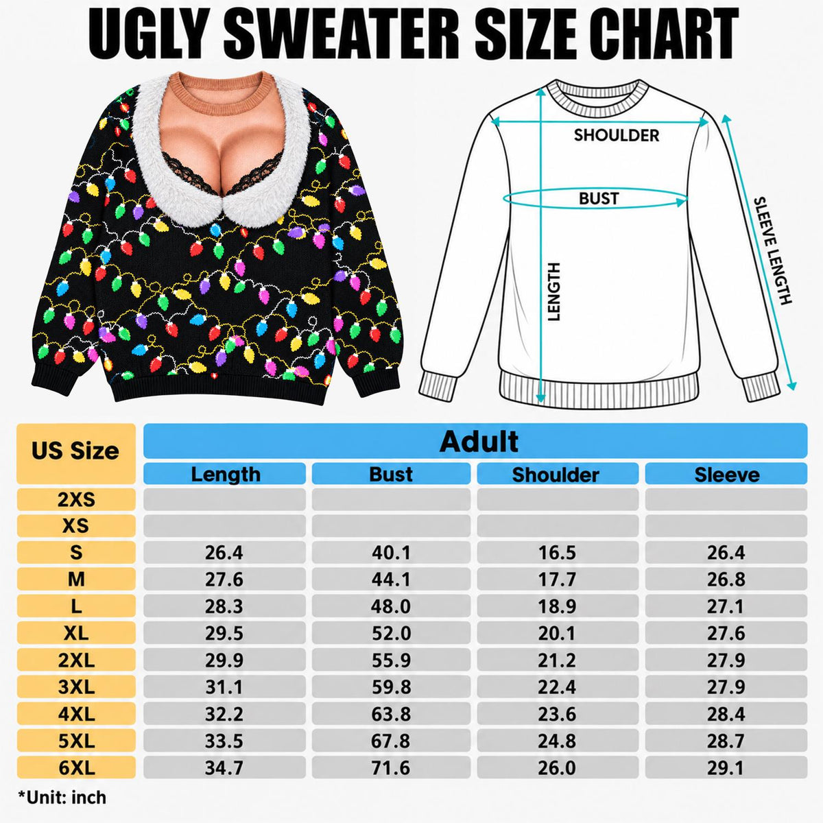 Personalized Funny Faux Cleavage Ugly Sweater, Lace-Trim Holiday Party Top, Custom Face Christmas Family Silly Xmas Leds T1807 Hv01
