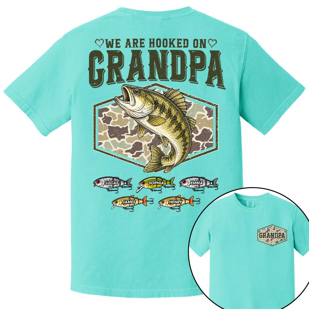 We Are Hooked On Grandpa Personalized Vintage Retro Fishing Shirt, Custom Fishing Gift for Dad, Father's Day Tee Na02 Hv01