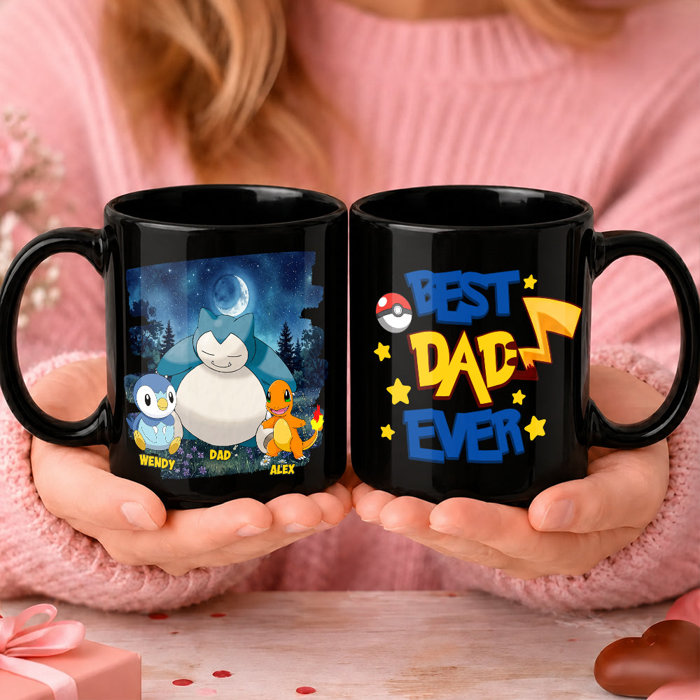 Best Dad Ever Pokemon Mug, Personalized Dad with Kid Names Cup, Father’s Day Stoneware Mug, Gift For Dad Husband MI209 Hv01