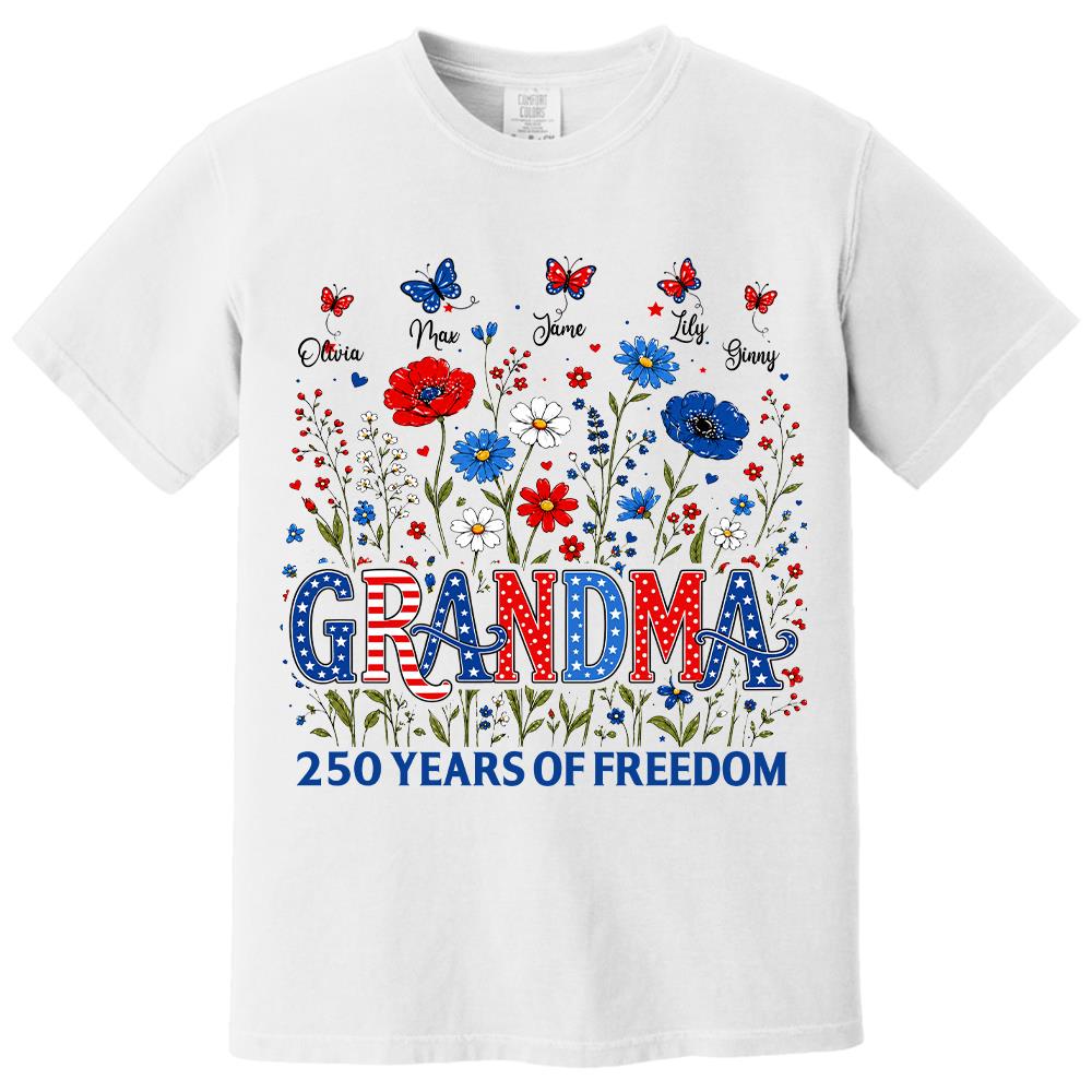 Personalized Grandma Shirt USA 250th Anniversary, Boho Floral Patriotic Tee, Custom Names Gift For Grandma Na02 Hv01