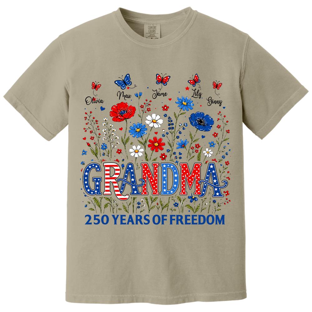 Personalized Grandma Shirt USA 250th Anniversary, Boho Floral Patriotic Tee, Custom Names Gift For Grandma Na02 Hv01