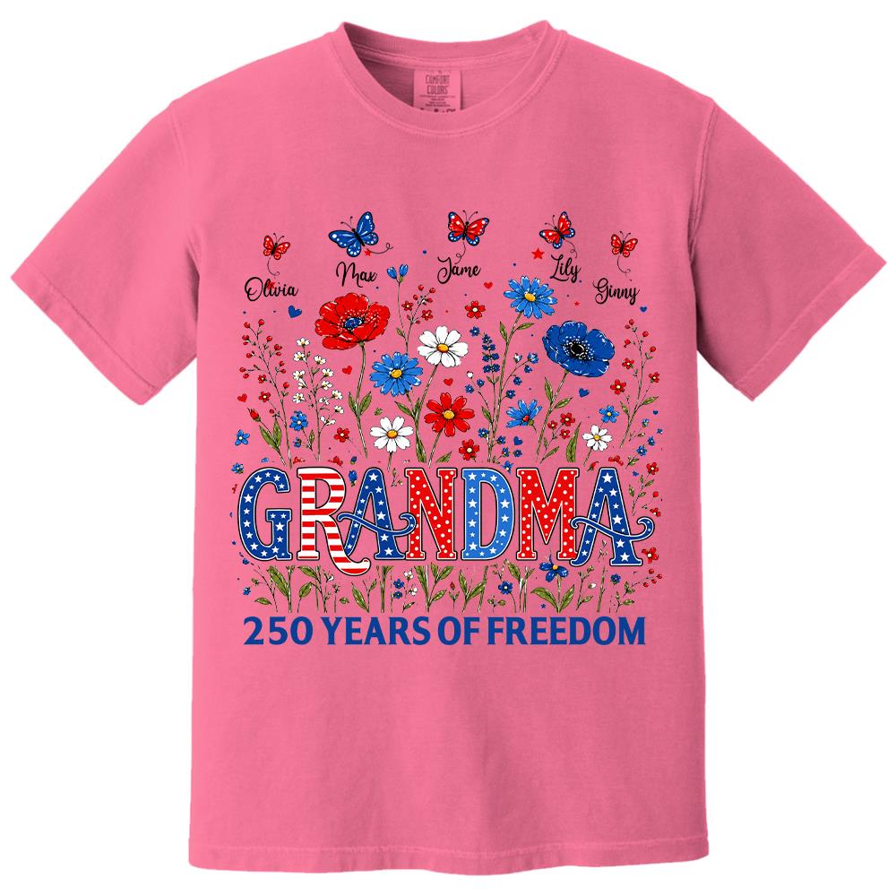 Personalized Grandma Shirt USA 250th Anniversary, Boho Floral Patriotic Tee, Custom Names Gift For Grandma Na02 Hv01