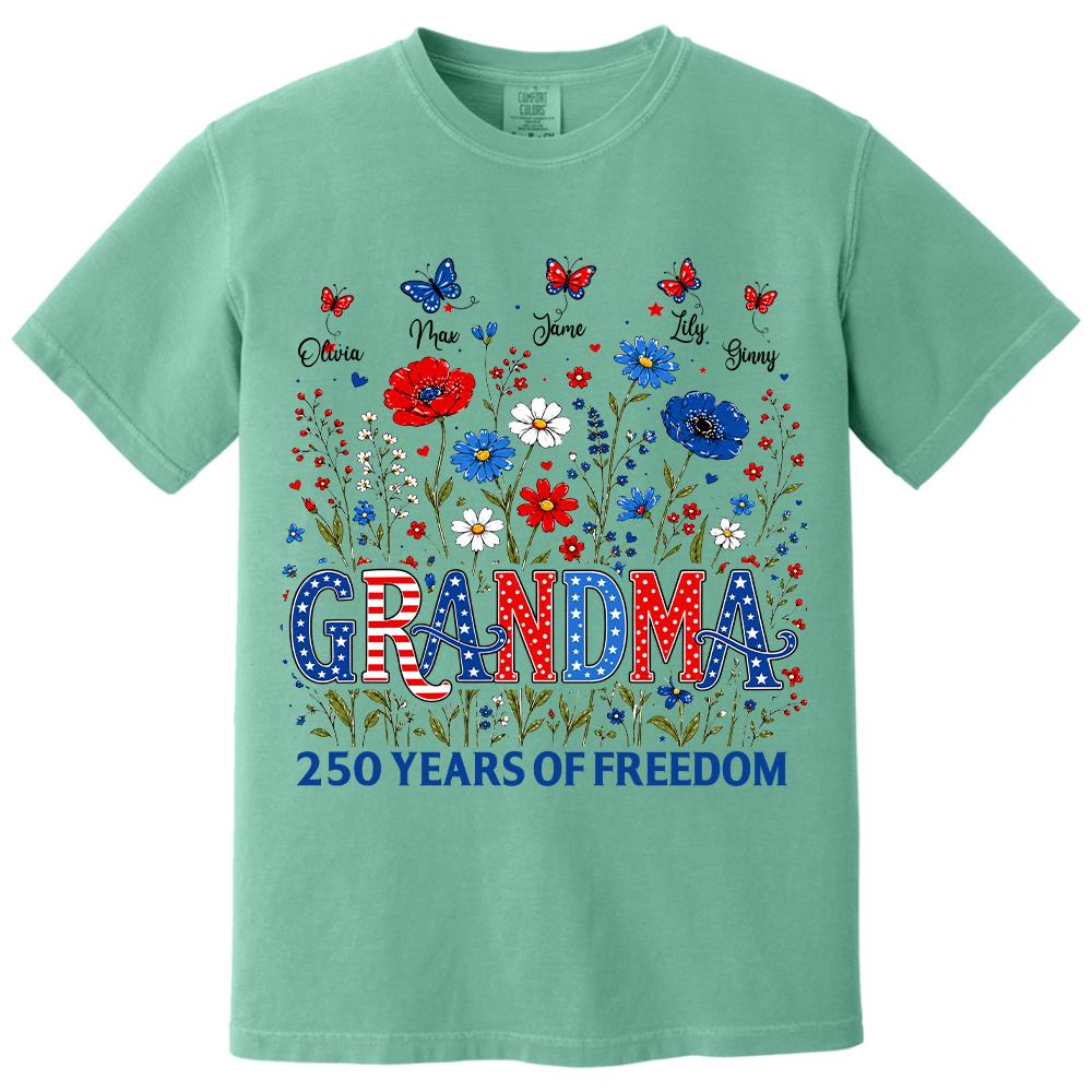 Personalized Grandma Shirt USA 250th Anniversary, Boho Floral Patriotic Tee, Custom Names Gift For Grandma Na02 Hv01