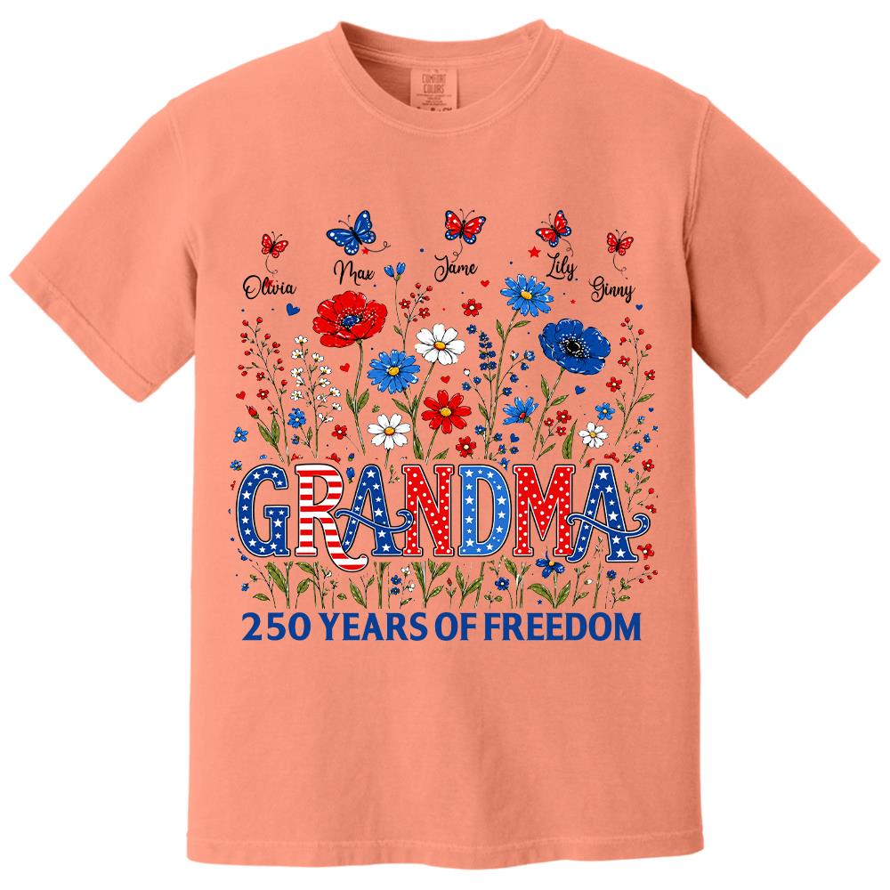 Personalized Grandma Shirt USA 250th Anniversary, Boho Floral Patriotic Tee, Custom Names Gift For Grandma Na02 Hv01