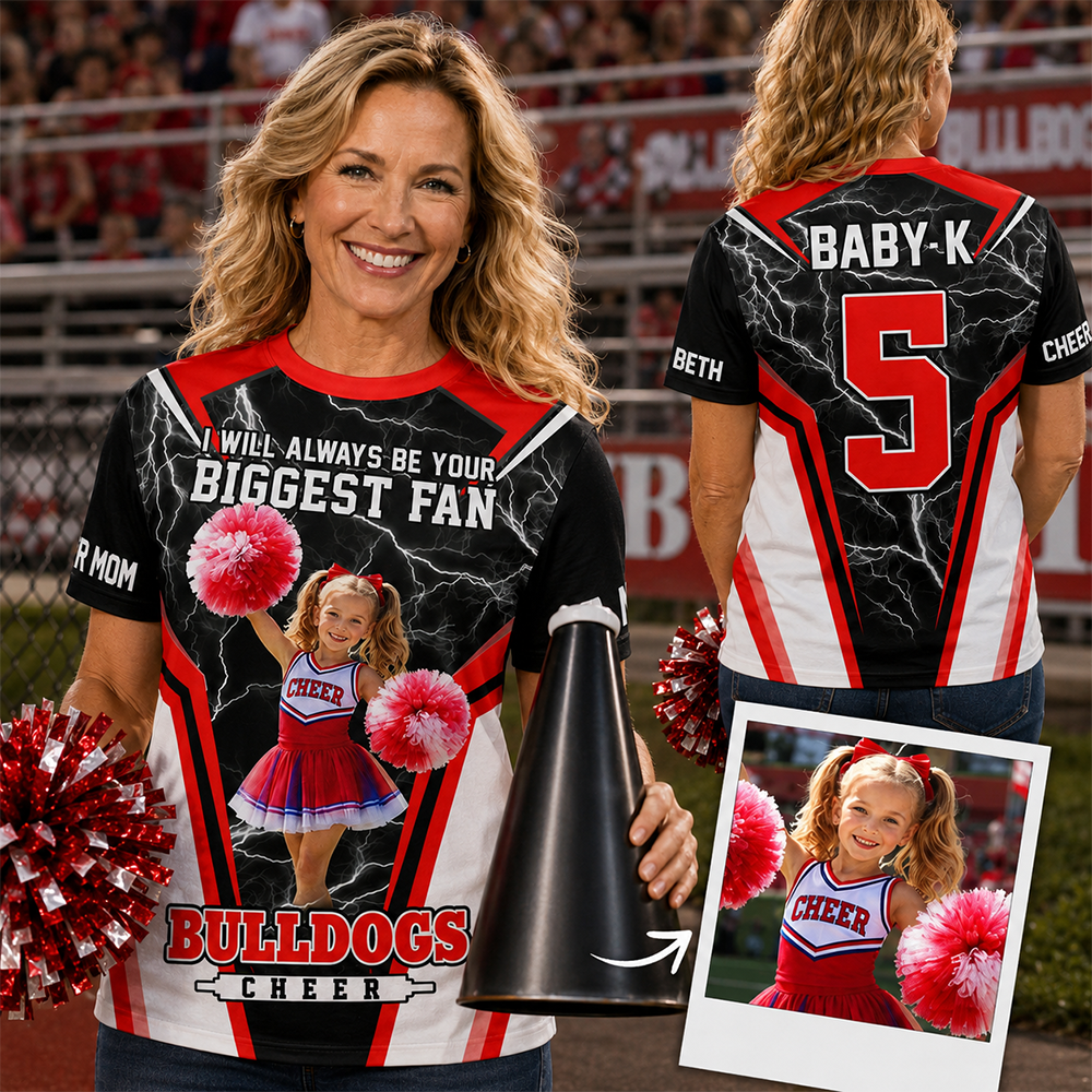 Personalized Cheer Mom Shirt, I’ll Always Be Your Biggest Fan, Custom Player Name & Number All Over Print Game Day Shirt for Mom Grandma Family Hv01 