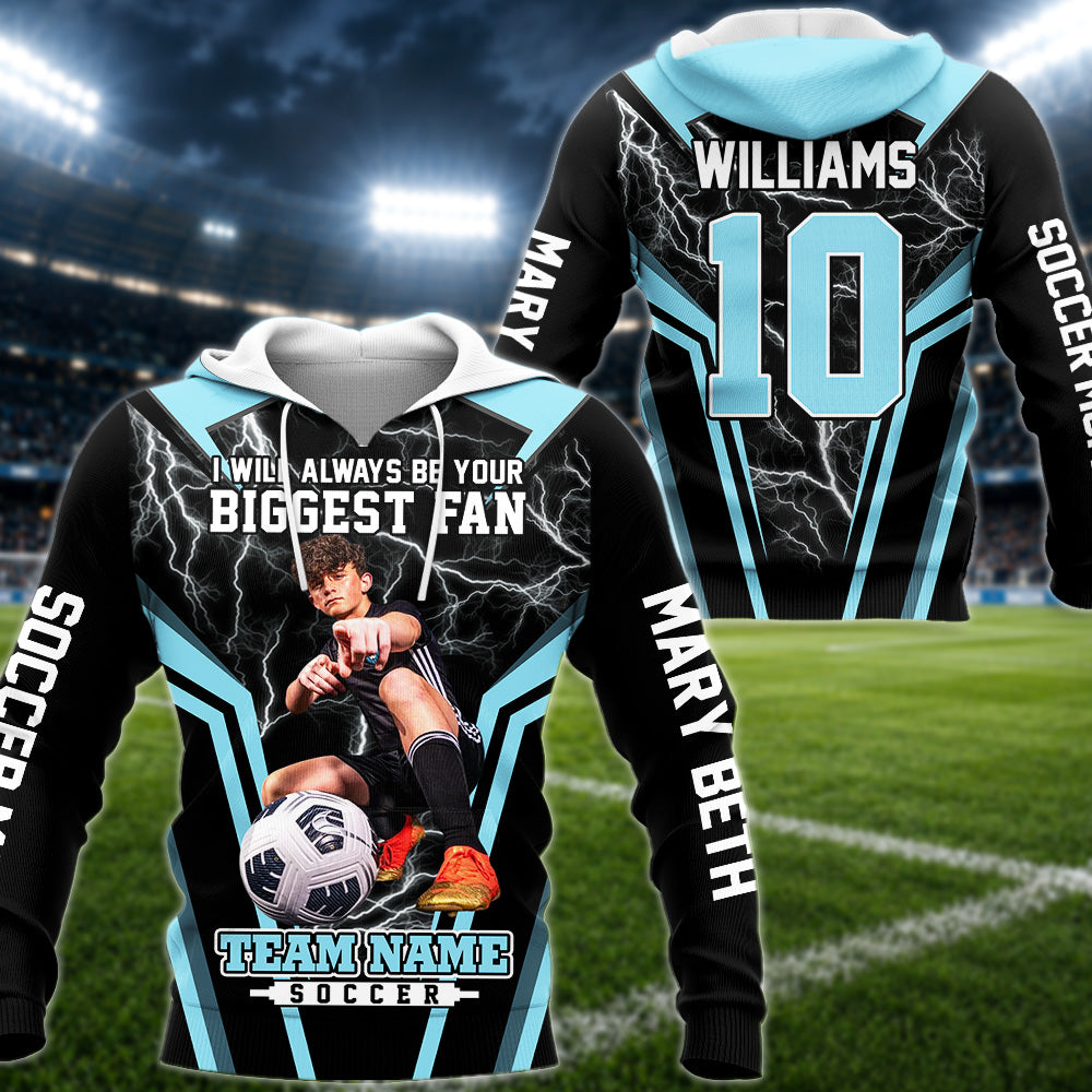 Personalized Soccer Mom Shirt, I’ll Always Be Your Biggest Fan, Custom Player Name & Number All Over Print Game Day Shirt for Mom Grandma Family Hv01