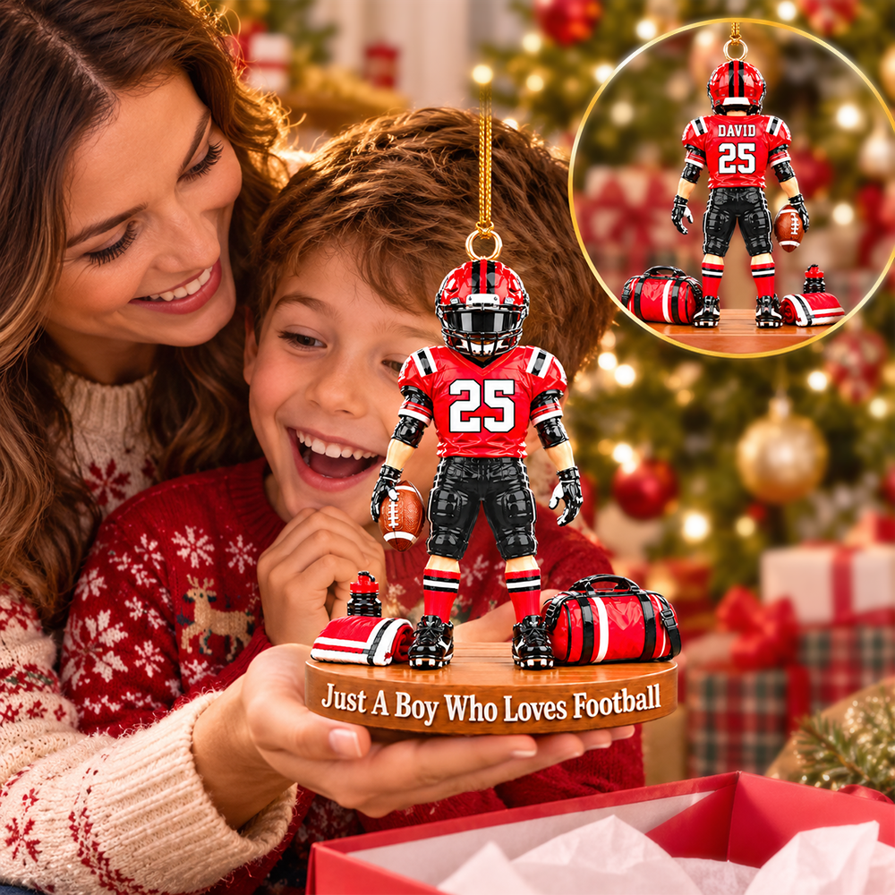 Luxury Personalized Football Player Christmas Ornament, Custom Name, Number & Uniform Colors, Just a Boy Who Loves Football Gift Hv01