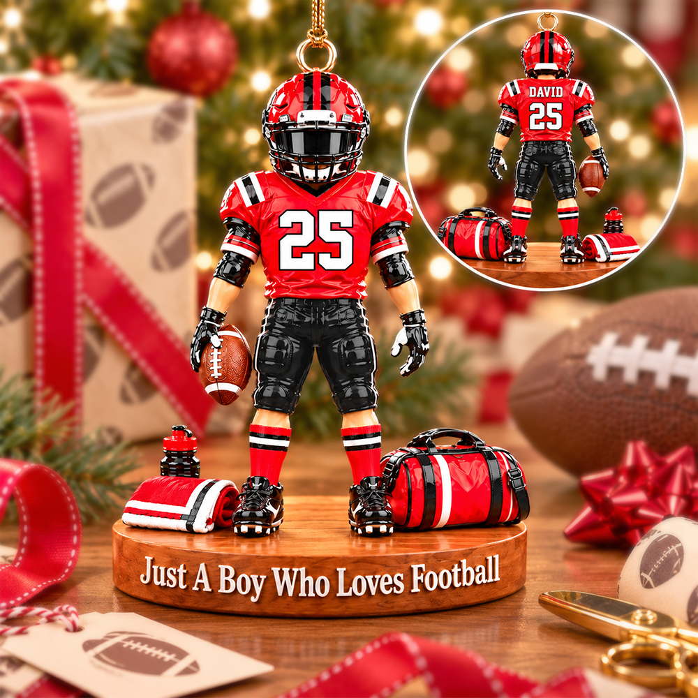 Luxury Personalized Football Player Christmas Ornament, Custom Name, Number & Uniform Colors, Just a Boy Who Loves Football Gift Hv01