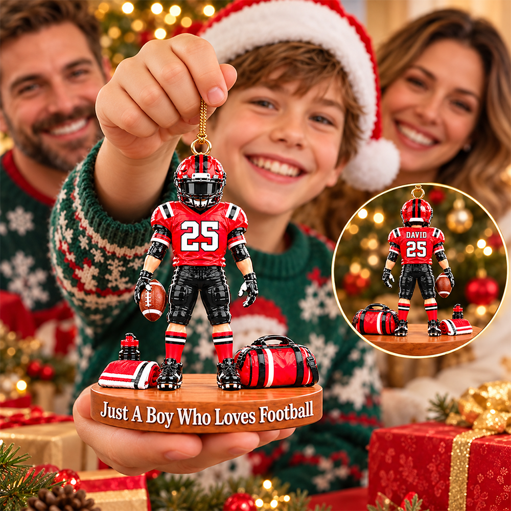 Luxury Personalized Football Player Christmas Ornament, Custom Name, Number & Uniform Colors, Just a Boy Who Loves Football Gift Hv01