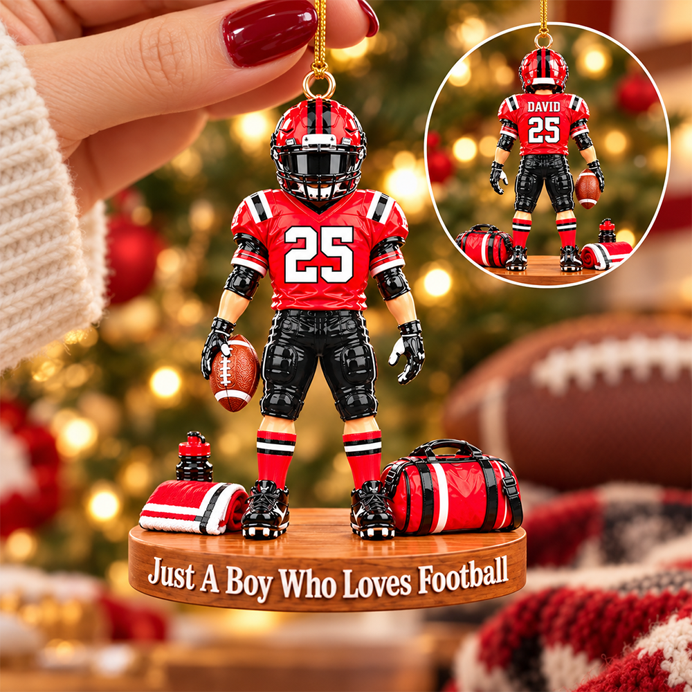 Luxury Personalized Football Player Christmas Ornament, Custom Name, Number & Uniform Colors, Just a Boy Who Loves Football Gift Hv01
