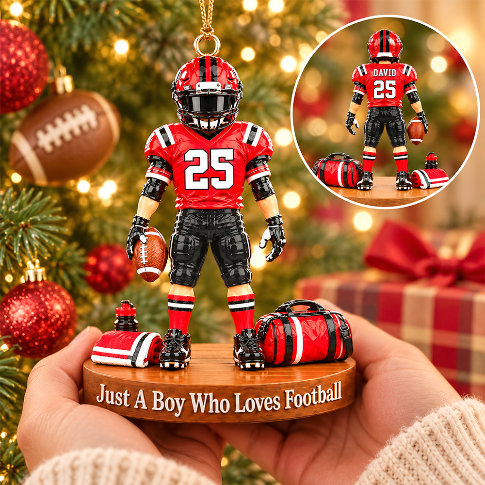 Luxury Personalized Football Player Christmas Ornament, Custom Name, Number & Uniform Colors, Just a Boy Who Loves Football Gift Hv01