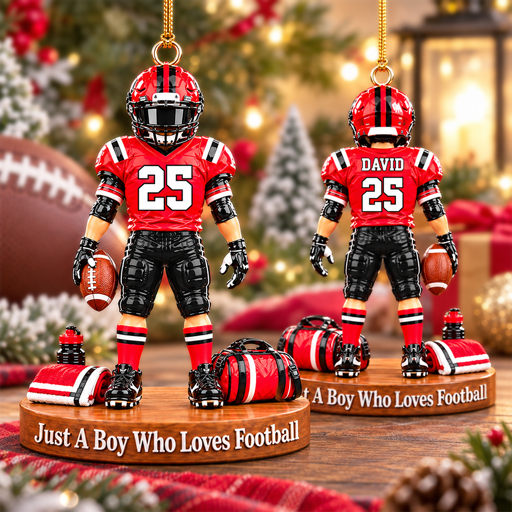 Luxury Personalized Football Player Christmas Ornament, Custom Name, Number & Uniform Colors, Just a Boy Who Loves Football Gift Hv01
