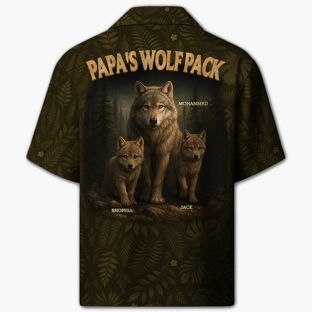 Custom Papa Wolf Pack Hawaiian Shirt, Custom Grandpa With Kids Names Short Sleeve Silk Shirt, Personalized Wolf Pack Tee, Gift For Grandpa, Father's Day Gift Pt99