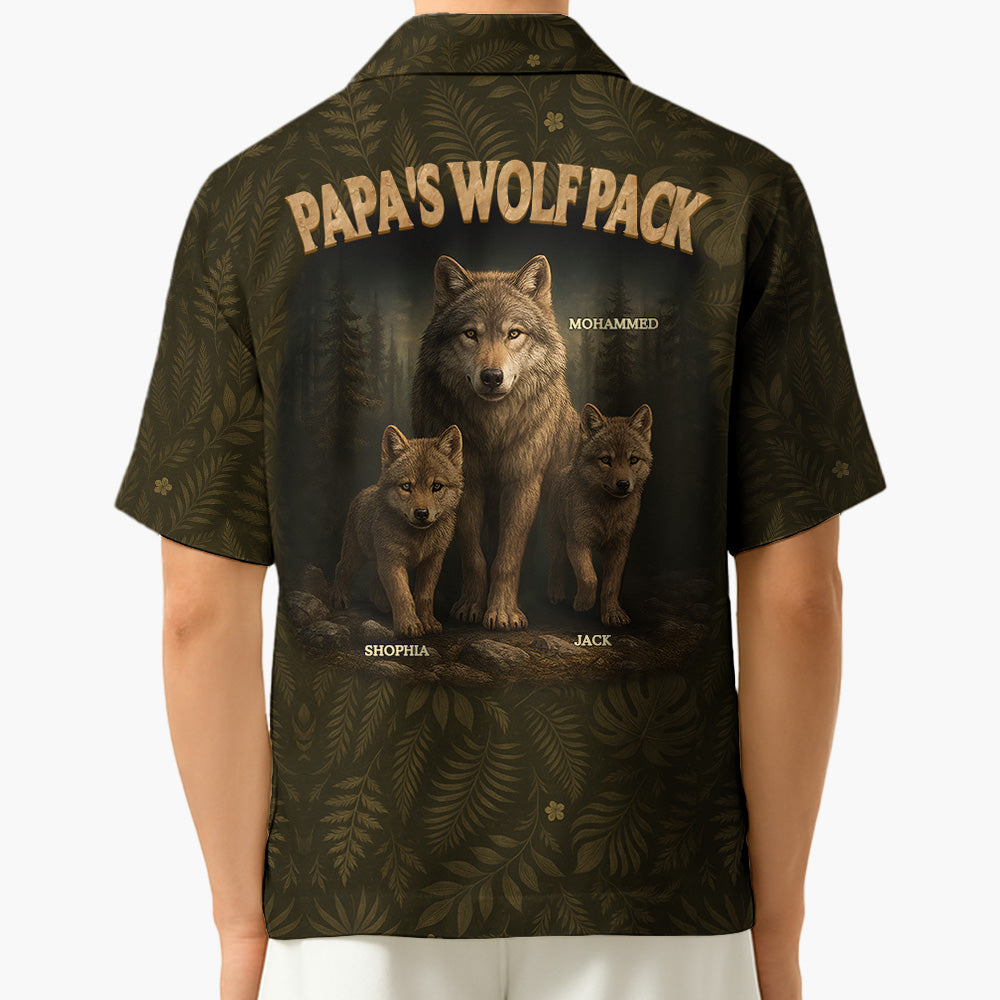 Custom Papa Wolf Pack Hawaiian Shirt, Custom Grandpa With Kids Names Short Sleeve Silk Shirt, Personalized Wolf Pack Tee, Gift For Grandpa, Father's Day Gift Pt99