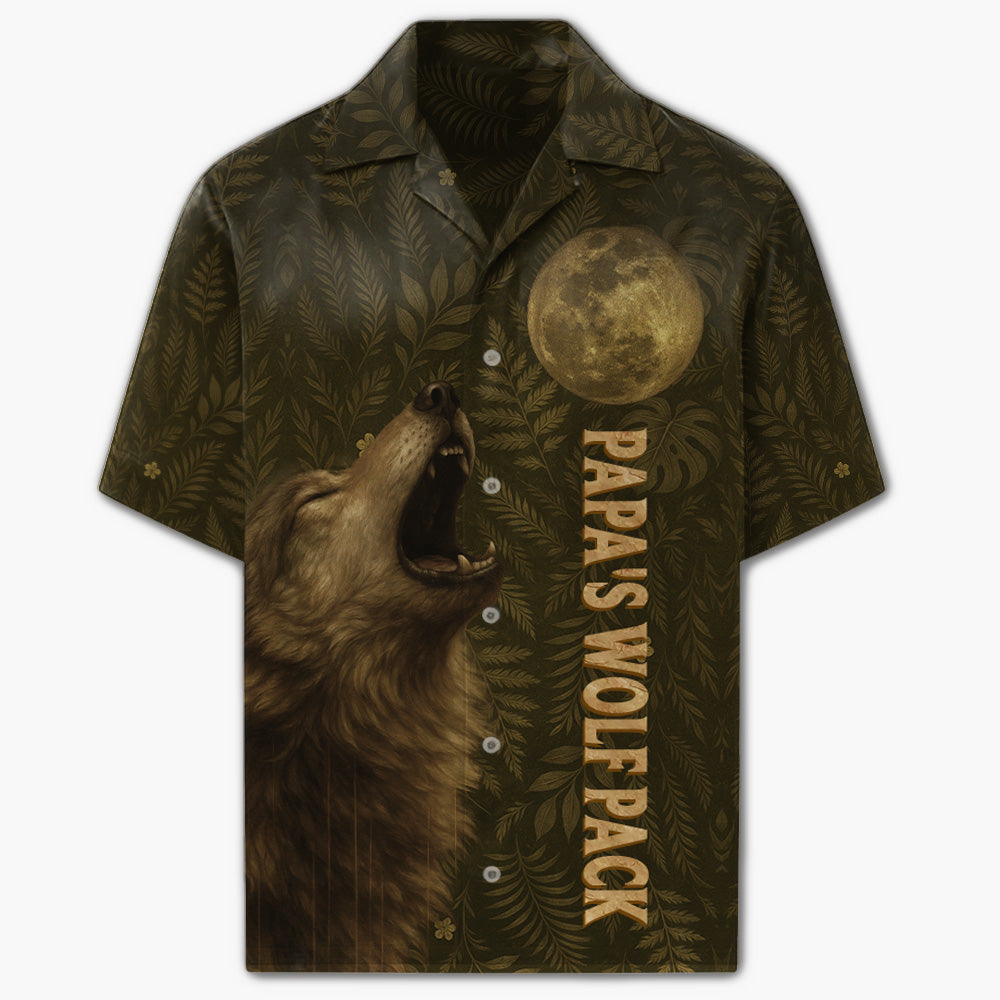 Custom Papa Wolf Pack Hawaiian Shirt, Custom Grandpa With Kids Names Short Sleeve Silk Shirt, Personalized Wolf Pack Tee, Gift For Grandpa, Father's Day Gift Pt99