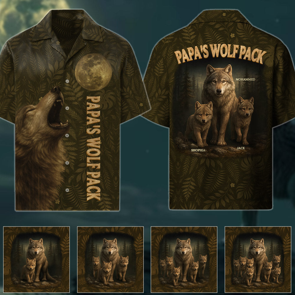 Custom Papa Wolf Pack Hawaiian Shirt, Custom Grandpa With Kids Names Short Sleeve Silk Shirt, Personalized Wolf Pack Tee, Gift For Grandpa, Father's Day Gift Pt99