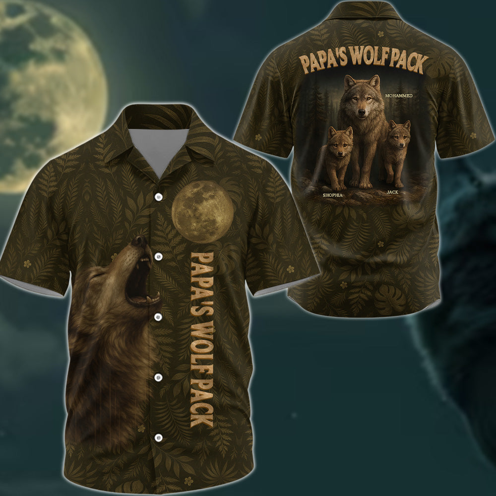 Custom Papa Wolf Pack Hawaiian Shirt, Custom Grandpa With Kids Names Short Sleeve Silk Shirt, Personalized Wolf Pack Tee, Gift For Grandpa, Father's Day Gift Pt99